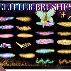 May include: A set of 18 glitter brushes for digital art, featuring a variety of shapes and colors, including gold, silver, pink, blue, and purple. The brushes are displayed on a black background with a fairy illustration and the text "Glitter Brushes".