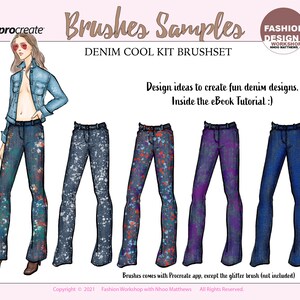 May include: Five different denim designs with various patterns and colors. The designs are created using a denim cool kit brush set for the Procreate app. The text "Brushes comes with Procreate app, except the glitter brush (not included)" is at the bottom of the image.