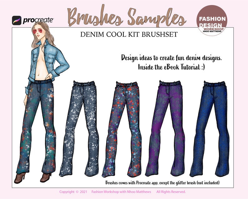 May include: Five different denim designs with various patterns and colors. The designs are created using a denim cool kit brush set for the Procreate app. The text "Brushes comes with Procreate app, except the glitter brush (not included)" is at the bottom of the image.