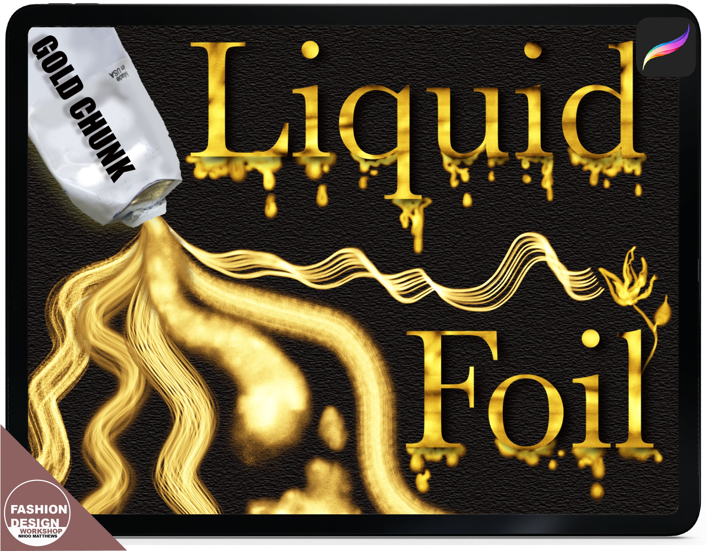 Pinceles Procreate metálicos Liquid Foil – 14 pinceles de gel dorado brillante y lettering con paletas de 60 colores