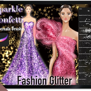 Op de afbeelding: Twee digitale illustraties van vrouwen die glinsterende jurken dragen. De jurken zijn bedekt met glitter en confetti. De tekst "Sparkle Confetti Procreate Brushes" en "Fashion Glitter" is zichtbaar op de afbeelding.