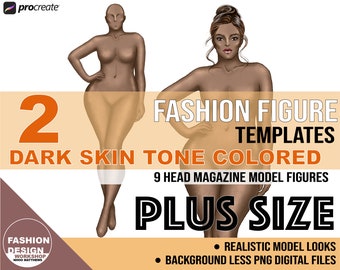 PNG Dark Skin Colored Plus Size Fashion Figure, Curvy Croqui Template. Hourglass Pose. Realistic Black Model Fashion Illustration Clipart.