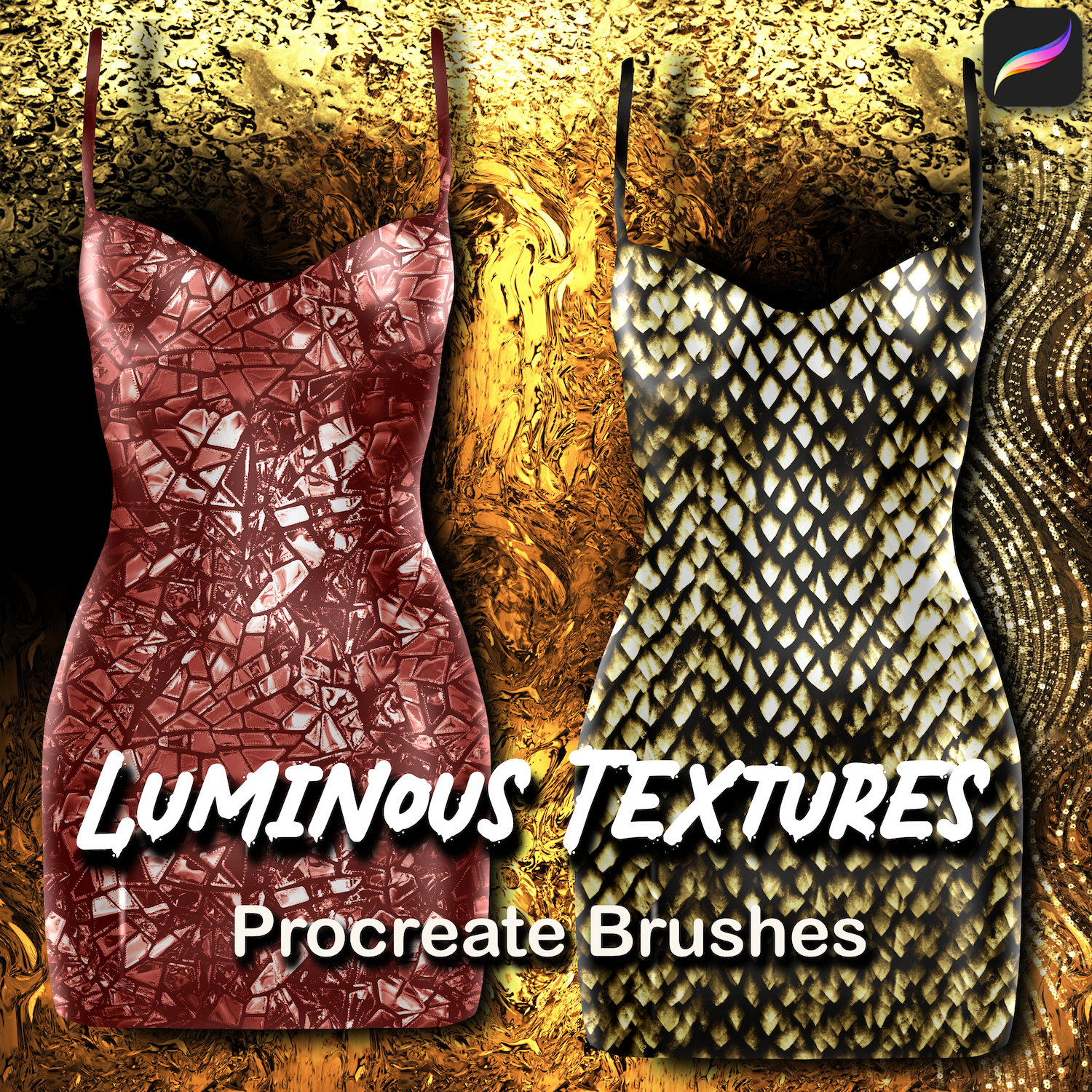 75 Luminous Textures Procreate Brushes: Glitter, Foil, Sequin, Mosaic, Metallic + Palettes