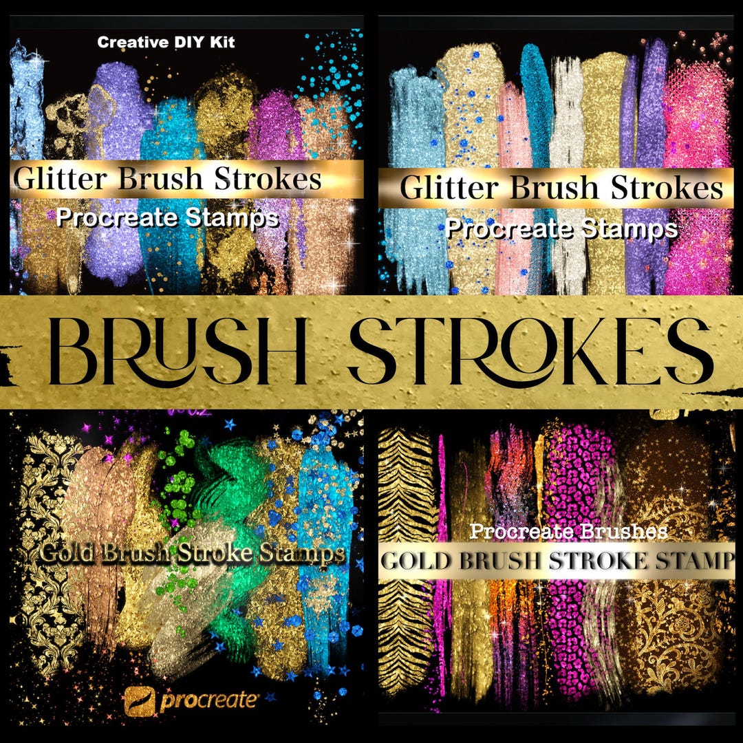 Procreate Glitter Brush Stamps Bundle: Metallic Gold Brushstrokes ...