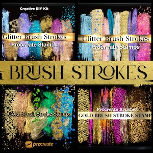 Könnte beinhalten: Ein digitales Kunst-Kit mit Glitzer-Pinselstrichen und Procreate-Stempeln. Das Bild zeigt verschiedene farbenfrohe Pinselstrich-Designs in Gold, Blau, Lila und Rosa, mit dem Text "BRUSH STROKES" in Gold.