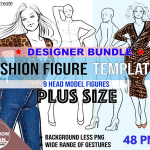 Plus Size Model Fashion Figure Template DESIGNER BUNDLE. Curvy Woman Croqui, 48 PNG Printable Files, Procreate Stamps. 9 Head Female Figures