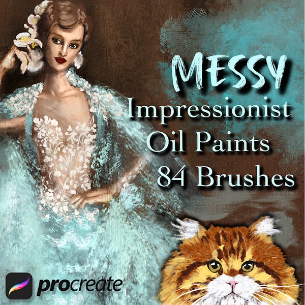 Procreate Messy Impressionist Oil Paints Brushes. 84 Thick Realistic Gouache, Acrylic, Palette Knife, Wet & Dry Oil Brushes.