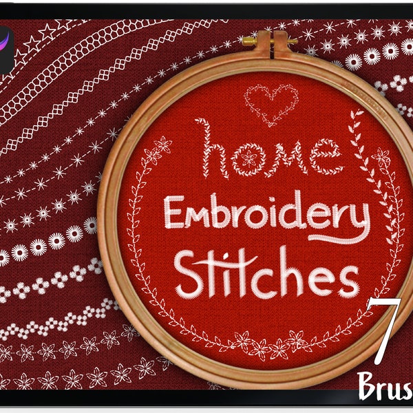 Procreate HOME EMBROIDERY STITCH brushes. Sewing Stitch Flower Patterns, Bridal Lace Edges, Lettering Brushes. Digital Fashion Illustration.