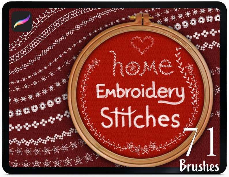 Procreate embroidery stitch brushes. Home sewing machine stitch patterns. Digital fabric textures for cross stitch, embroidery, needlepoint, sewing stitches. Wedding dress lace design. Calligraphy, Lettering font design. Digital fashion illustration.