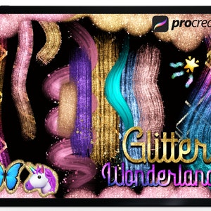 Procreate Glitter Wonderland. 61 gold glitter metallic textures with built-in patterns, dual and multicolor brushes with colors palettes.