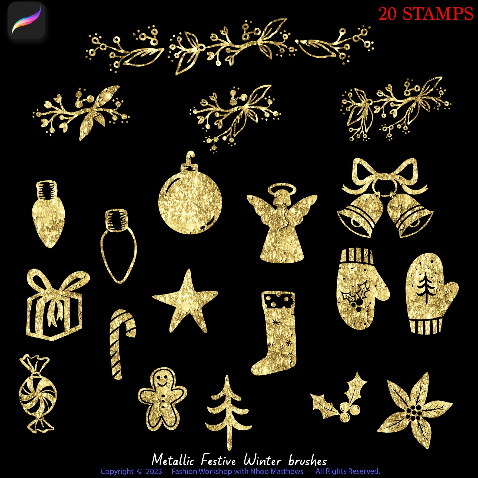 Metallic Christmas Procreate Brushes: Gold Foil Winter Holiday Stamps ...