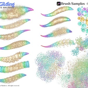May include: A set of Procreate brushes called "Gold Gilding" with brush samples showing a variety of glitter effects in gold, rainbow, and multicolor. The brush samples include a variety of shapes and sizes, including swirls, dots, and lines.