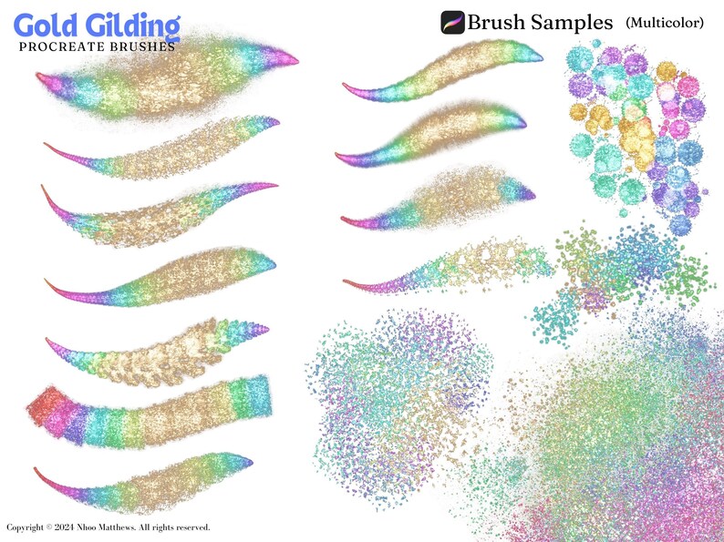 May include: A set of Procreate brushes called "Gold Gilding" with brush samples showing a variety of glitter effects in gold, rainbow, and multicolor. The brush samples include a variety of shapes and sizes, including swirls, dots, and lines.