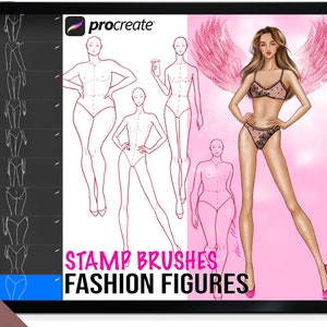 Procreate fashion figure template stamp brushes. Black lines of skinny woman model. 10 head fashion figures. Model poses for fashion drawing. Female croquis for anatomy drawing guide. Procreate body stamps for fashion design digital drawing on ipad.