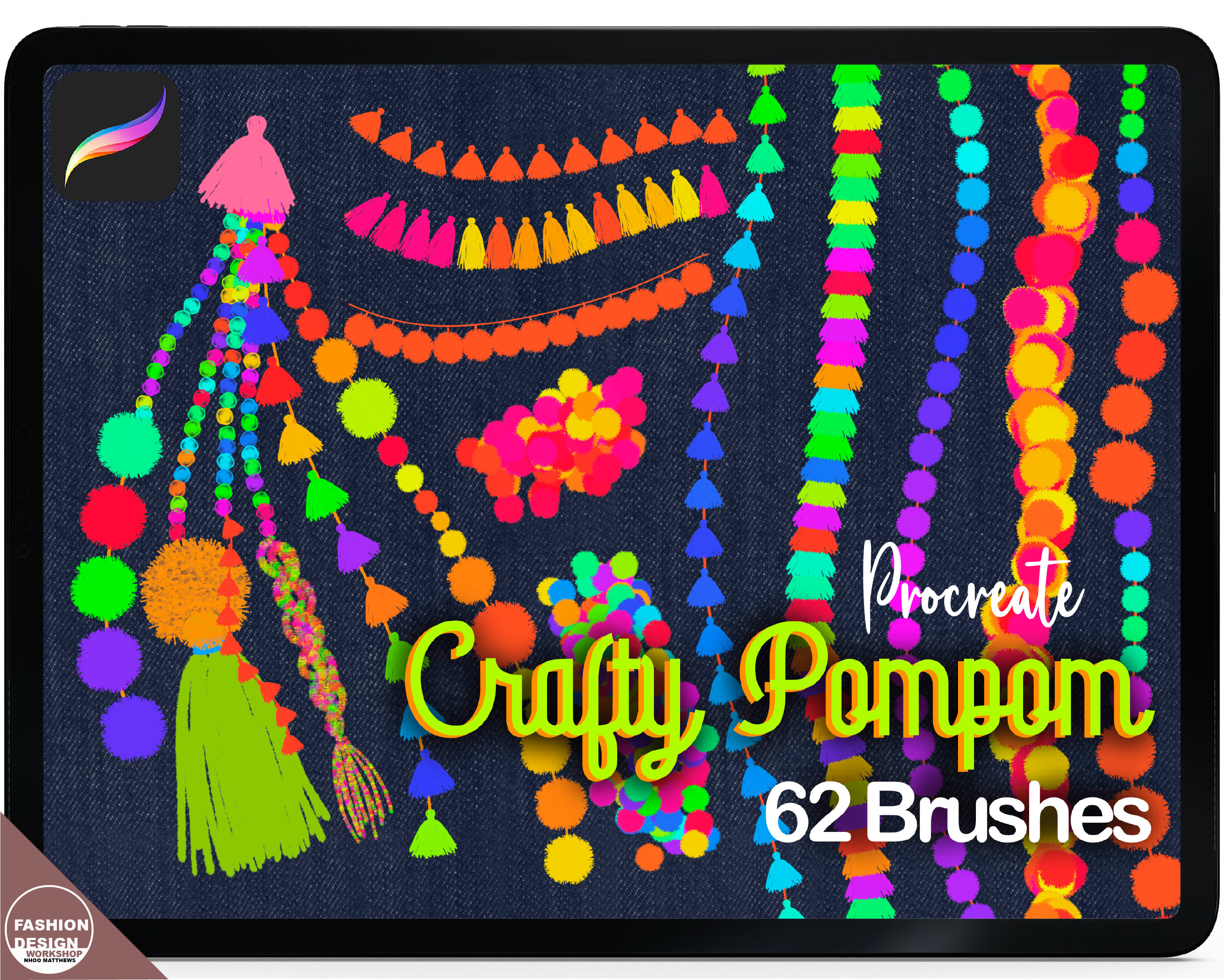 Pinceles de Procreate de Pompones y Flecos con Borlas — Set de Puntadas de Bordado Boho para Ilustración de Moda
