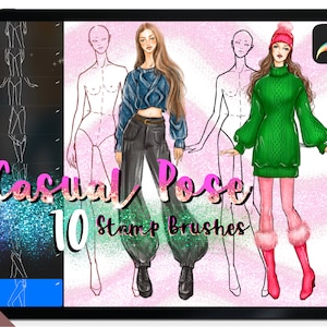 Procreate Fashion Figure Stamp Brushes. 10 Casual Poses Croqui Templates for Fashion Illustration, 10 Head Model Figures. Digital Download