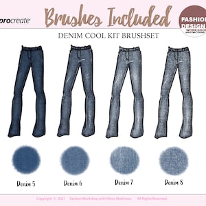 May include: Four digital brush sets for creating denim textures. The brush sets are named Denim 5, Denim 6, Denim 7, and Denim 8. Each brush set is represented by a blue circle with a denim texture.