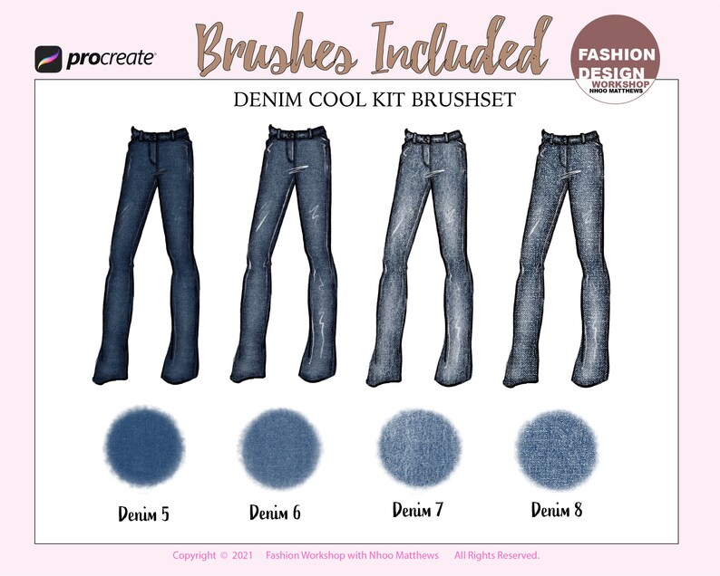 May include: Four digital brush sets for creating denim textures. The brush sets are named Denim 5, Denim 6, Denim 7, and Denim 8. Each brush set is represented by a blue circle with a denim texture.