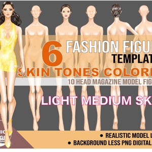 PNG Light Medium Skin Tone Colored Fashion Figure, Croqui Template. Classic Poses, Realistic 10 Head Model Fashion Illustration Clipart.