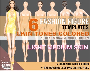 PNG Light Medium Skin Tone Colored Fashion Figure, Croqui Template. Classic Poses, Realistic 10 Head Model Fashion Illustration Clipart.