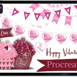 Op de afbeelding: Twee roze en rode cupcakes versierd met hartjes en sprinkles. De cupcakes staan ​​naast een banner met roze hartjes waarop "be mine" en "love" staat. De tekst "Happy Valentine's Procreate" staat onderaan de afbeelding.