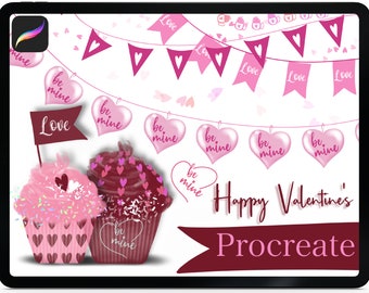 Procreate Valentine's Party Brushes. 28 Cute Procreate Brushes and Stamps. Cupcake, Hearts, Love, Be Mine, Flags and Strings for Decoration.