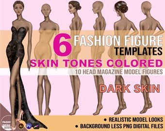 PNG Dark Skin Tone Colored Fashion Figure, Croqui Template. 3 GLAM Poses, Transparent Background, 10 Head Model Fashion Illustration Clipart