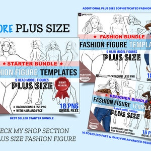 Elegant Plus Size Model Fashion Figure Template. Curvy Woman Croqui, 3 PNG Printable Digital Download Files, 9 Head Female Figures. Pose 5 image 5