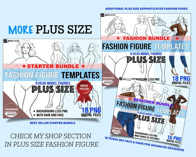 Elegant Plus Size Model Fashion Figure Template. Curvy Woman Croqui, 3 PNG Printable Digital Download Files, 9 Head Female Figures. Pose 5 image 5