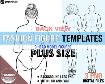 BACK VIEW Pose Plus Size Fashion Figure / Curvy Croqui Templates Background Less PNG With Face & Hair, 3 Digital Files, 9 Head Model Figures