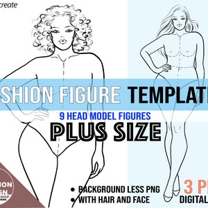 Plus size woman fashion figure templates. PNG printable, digital download files. Curvy models with curly hair, and long straight hair in fashion poses. Black lines fashion sketch silhouettes for drawing guide for photoshop, illustrator, procreate.