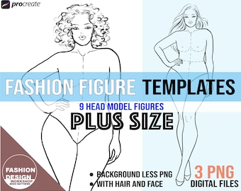 Elegant Plus Size Model Fashion Figure Template. Curvy Woman Croqui, 3 PNG Printable Digital Download Files, 9 Head Female Figures. Pose #5