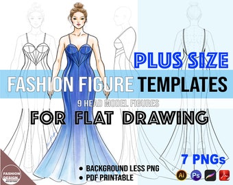 Plus Size Woman Fashion Figures Templates. Curvy Model Croquis for Flat and Technical Drawing. PNG, PDF Digital Files. 9 Head Model Figures.