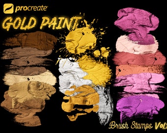 36 GOLD PAINT Procreate Brush Stroke Stamps VOL.1 High Res Gold Metallic Thick Impasto Paint Texture with 90 colors in 3 color palettes.