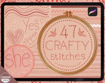 CRAFTY STITCHES Brushes for Procreate. Hand Embroidery, Machine Stitch Brushes, ZigZag, Cross stitch, Tailor. Digital Fashion Illustration.