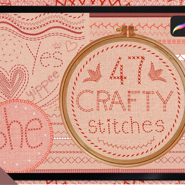 CRAFTY STITCHES Pinsel für Procreate. Handstickerei, Maschinenstich Pinsel, ZickZack, Kreuzstich, Schneider. Digitale Mode Illustration.