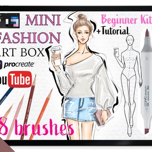 MINI FASHION ARTBOX Procreate-penselen + zelfstudie. Markeringen, kleurpotlood, modefiguur. Tekenset voor beginners voor mode-illustratie.