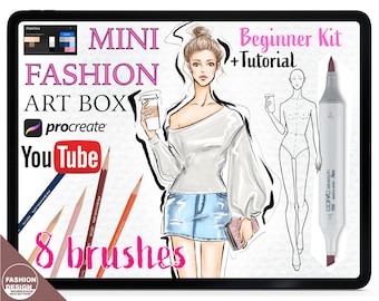 MINI FASHION ARTBOX Procreate Brushes + Tutorial. Markers, Colored Pencil, Fashion Figure. Beginner Drawing Kit For Fashion Illustration.
