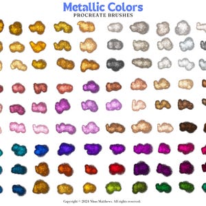 May include: A set of 48 Procreate brushes featuring metallic colors. The brushes are arranged in rows of five, with each brush showing a different color. The colors include gold, silver, bronze, copper, pink, purple, blue, green, and red.