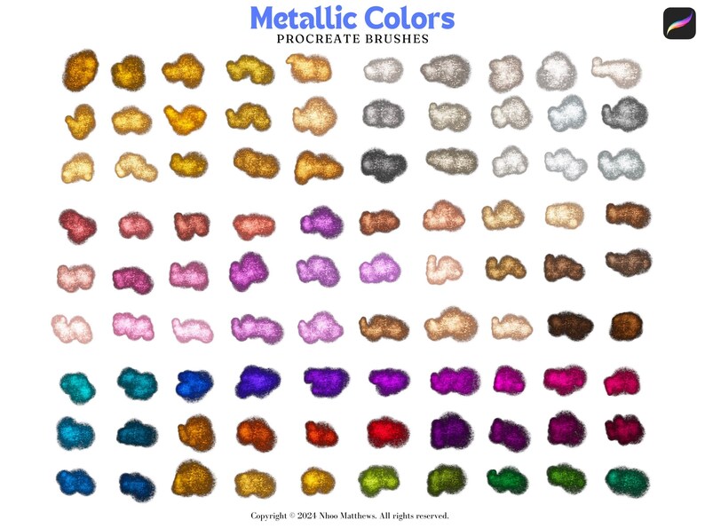 May include: A set of 48 Procreate brushes featuring metallic colors. The brushes are arranged in rows of five, with each brush showing a different color. The colors include gold, silver, bronze, copper, pink, purple, blue, green, and red.