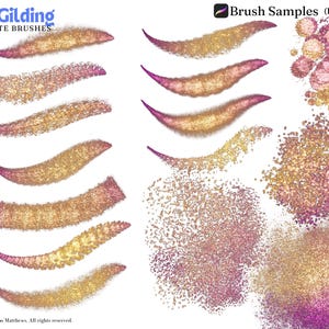 May include: Brush samples for Procreate, showing gold and pink glitter effects. The samples include lines, swirls, and splatters.