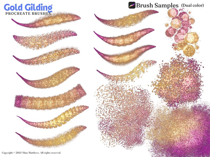 May include: Brush samples for Procreate, showing gold and pink glitter effects. The samples include lines, swirls, and splatters.