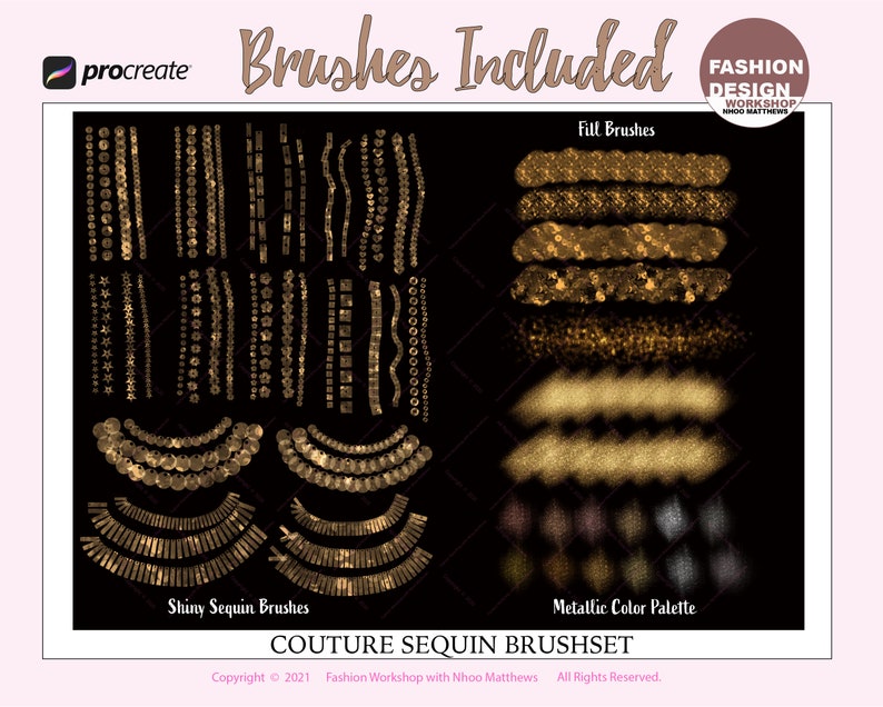 Realistic COUTURE SEQUIN Brushes for Procreate. Youtube eBook Tutorials Fashion Illustration. Shiny, Glitter, Matte Textures. 73 Brushes image 2