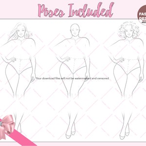 Elegant Plus Size Model Fashion Figure Template. Curvy Woman Croqui, 3 PNG Printable Digital Download Files, 9 Head Female Figures. Pose 5 image 3