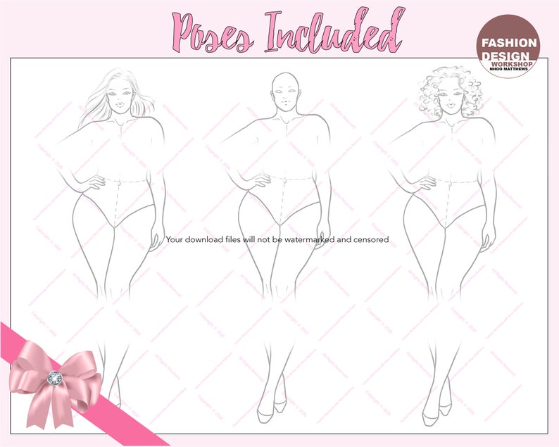 Elegant Plus Size Model Fashion Figure Template. Curvy Woman Croqui, 3 PNG Printable Digital Download Files, 9 Head Female Figures. Pose 5 imagem 3