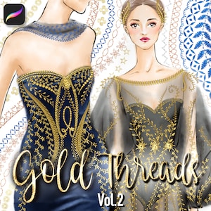 The Original 49 GOLD THREADS Metallic Stitch Brushes for Procreate App.  Shiny Fashion Embroidery, Leaf, Floral, Folk Patterns. VOL.2