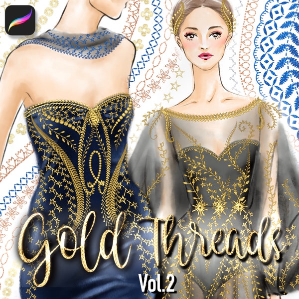 The Original 49 GOLD THREADS Metallic Stitch Brushes for Procreate App.  Shiny Fashion Embroidery, Leaf, Floral, Folk Patterns. VOL.2