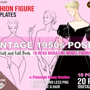 VINTAGE 1950s Fashion Figure 10 Poses. Female Croqui Template. Procreate Stamps, Printable PNG Digital Download for Fashion Illustration