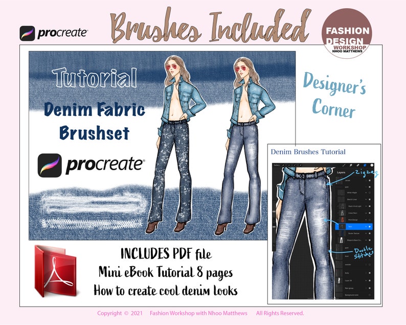 May include: A digital illustration of a denim fabric brush set for Procreate. The image shows two women wearing denim jeans and a denim jacket. The image also includes a close-up of a denim jean with different brush strokes. The text "Denim Fabric Brushset" and "Includes PDF file Mini eBook Tutorial 8 pages How to create cool denim looks" is included in the image.