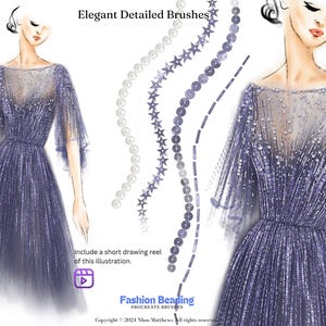 The image show digital fashion illustration drawn on Procreate application. Using Procreate fashion beading brushes for fashion design. Elegant Detailed Brushes Procreate brushes.  Showcase of fashion illustration featuring a purple beaded gown.  Brush samples include pearls, stars, and sequins in varying shades of purple and white.  Copyright 2024 Nhoo Matthews. All rights reserved.